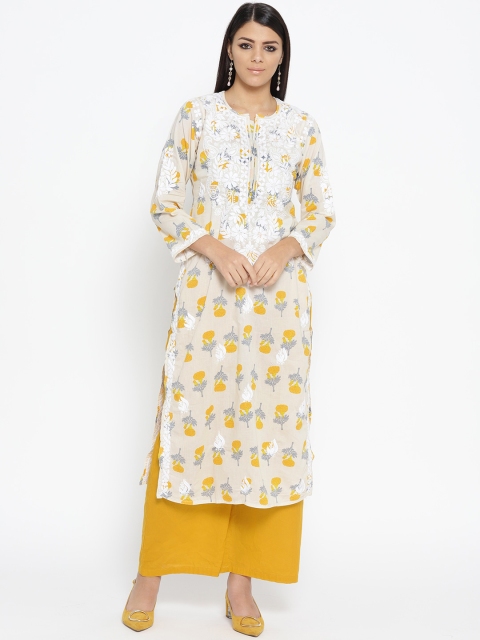 

ADA Women Beige & Mustard Yellow Printed Chikankari Straight Kurta