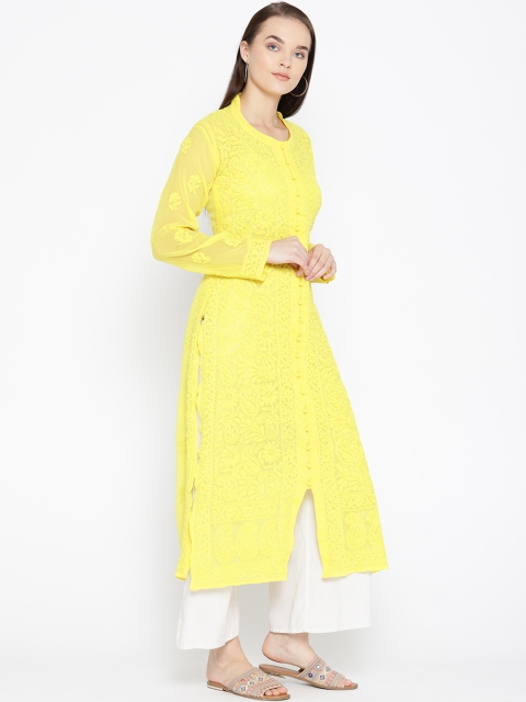 

ADA Women Yellow Chikankari Hand-Embroidered Sheer Straight Sustainable Kurta