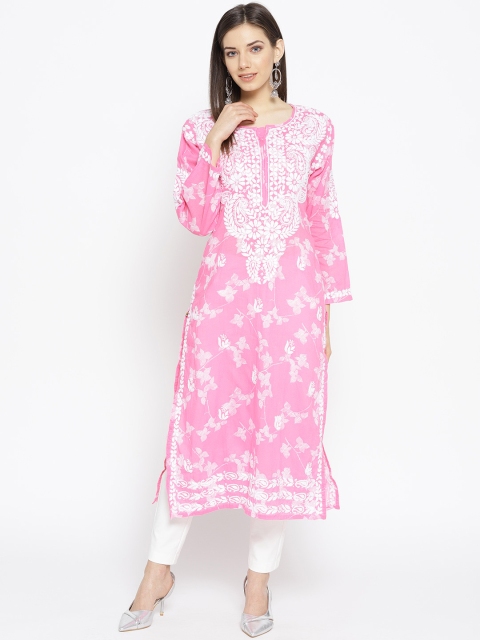 

ADA Women Pink & White Printed Chikankari Straight Kurta