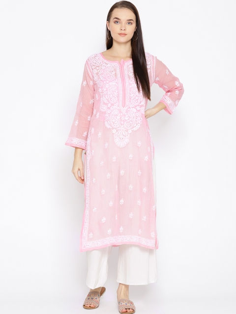 

ADA Women Pink & White Chikankari Hand-Embroidered Sheer Straight Sustainable Kota Kurta