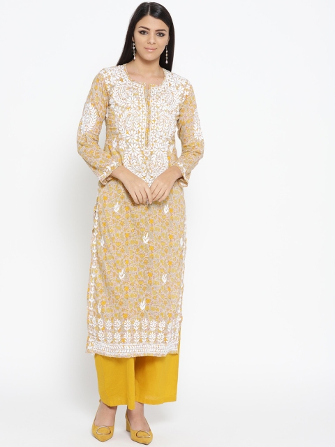 

ADA Women Beige & Mustard Yellow Printed Chikankari Straight Kurta