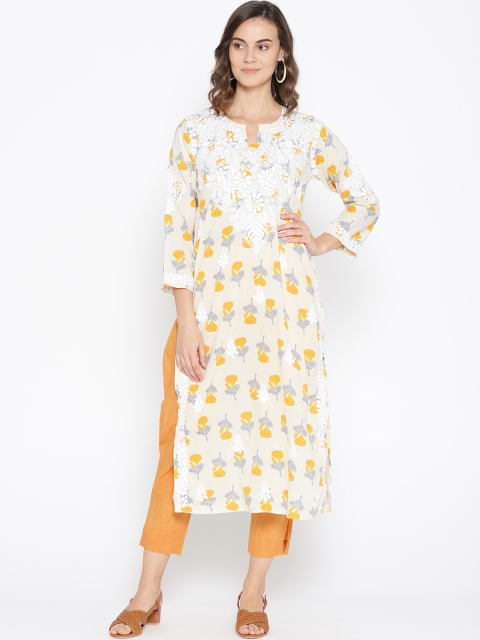 

ADA Women Cream-Coloured & Mustard Yellow Chikankari Hand-Embroidered Straight Kurta