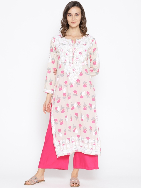

ADA Women Beige & Pink Printed Chikankari Embroidered Straight Kurta
