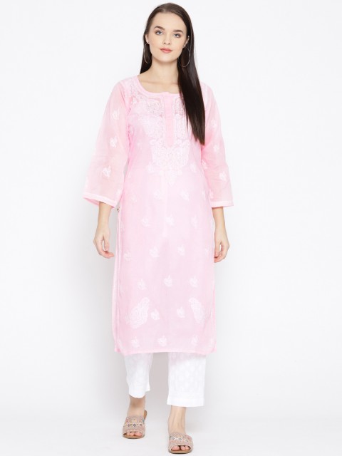 

ADA Women Pink & White Chikankari Hand Embroidered Sustainable Kurta with Palazzos