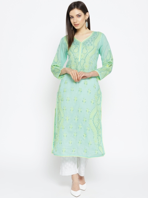 

ADA Women Sea Green & White Chikankari Embroidered Sustainable Kurta with Palazzos