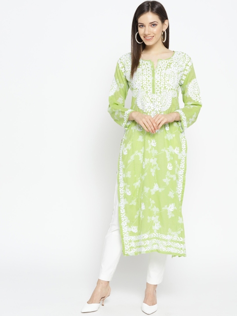 

ADA Women Green & White Floral Printed Chikankari Straight Kurta
