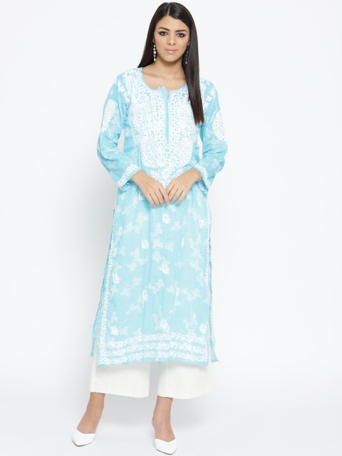 

ADA Women Blue & White Printed Chikankari Embroidered Straight Sustainable Kurta