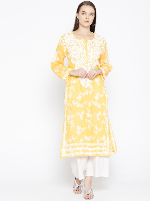 

ADA Women Yellow & White Printed Chikankari Embroidered Straight Kurta