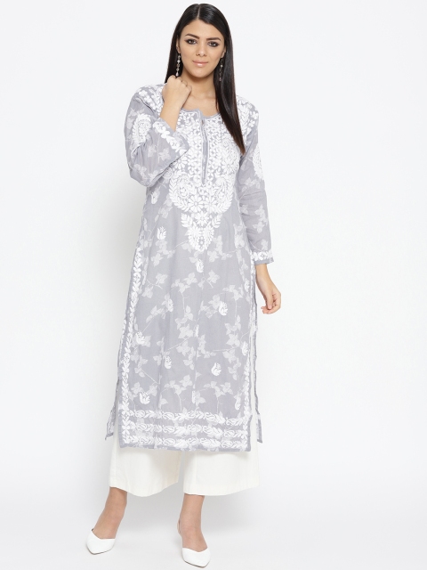 

ADA Women Grey & White Printed Chikankari Embroidered Straight Sustainable Kurta