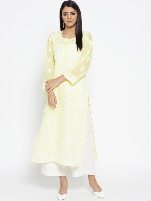 

ADA Women Yellow & White Chikankari Embroidered Semi-Sheer Straight Kurta