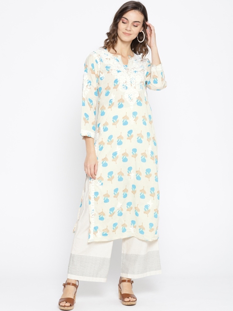 

ADA Women Beige & Blue Printed Chikankari Hand-Embroidered Straight Kurta