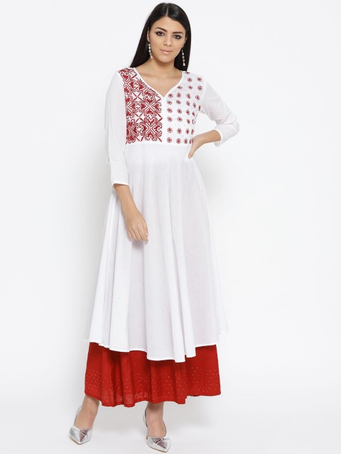 

ADA Women White & Maroon Woven Design Semi-Sheer Chikankari Empire A-Line Sustainable Kurta