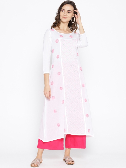 

ADA Women White & Pink Chikankari Hand-Embroidered A-Line Kurta