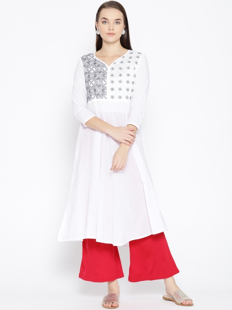 

ADA Women White & Grey Chikankari Hand-Embroidered A-Line Sustainable Kurta