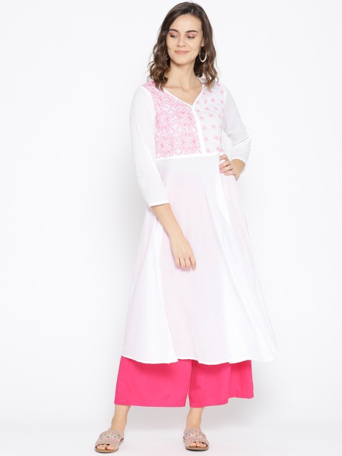 

ADA Women White & Pink Yoke Design Chikankari Embroidered A-Line Sustainable Kurta