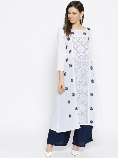 

ADA Women White & Navy Blue Chikankari Hand Embroidered A-Line Kurta