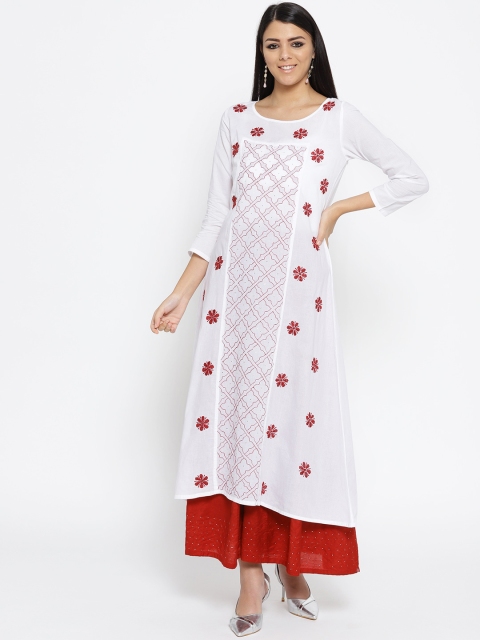 

ADA Women White & Maroon Chikankari Embroidered A-Line Sustainable Kurta