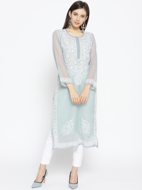 

ADA Women Grey & White Chikankari Hand-Embroidered Sheer Sustainable Handloom Kurta with Trousers
