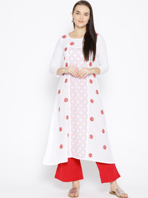 

ADA Women White & Red Chikankari Hand-Embroidered A-Line Kurta