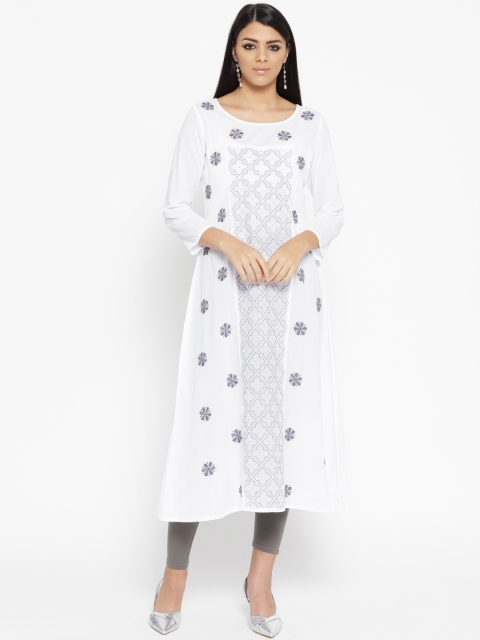 

ADA Women White & Grey Chikankari Embroidered A-Line Kurta