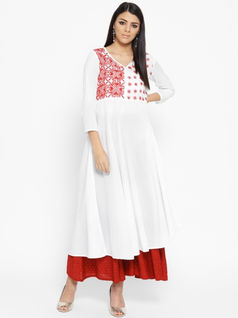 

ADA Women White & Red Yoke Design Chikankari Embroidered A-Line Sustainable Kurta