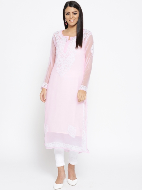 

ADA Women Pink & White Chikankari Hand-Embroidered Sheer Kurta with Trousers
