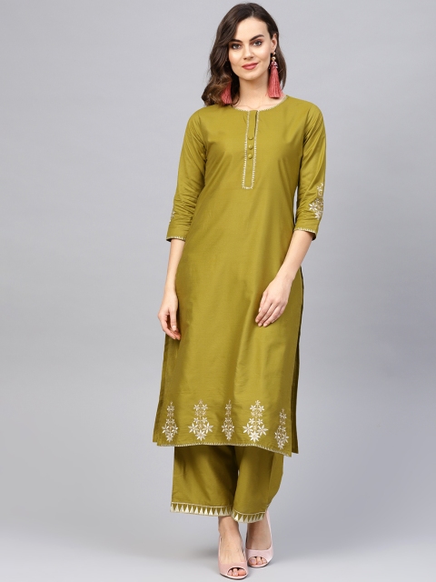 

Indo Era Women Olive Green Solid Kurta with Palazzos