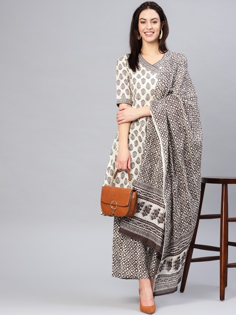 

Indo Era Women Cream-Coloured & Brown Printed Kurta with Palazzos & Dupatta