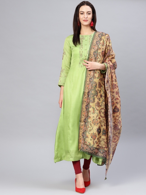 

Indo Era Women Green Embroidered A-Line Kurta with Dupatta Set