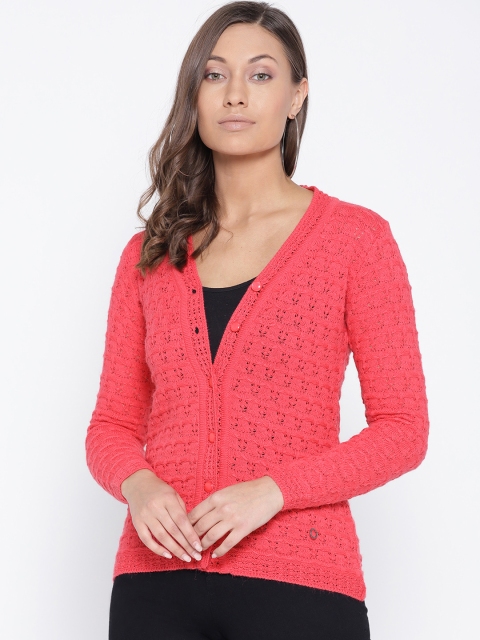 

Duke Women Coral Pink Woolen Open Knit Cardigan