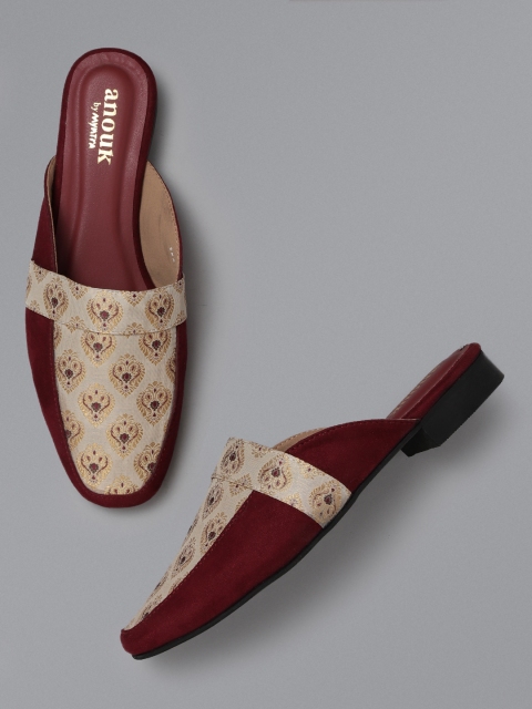 

Anouk Women Off-White & Burgundy Woven Design Mules