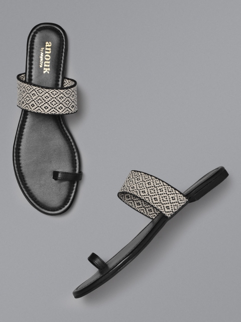 

Anouk Women Black & Off-White Woven Design One Toe Flats