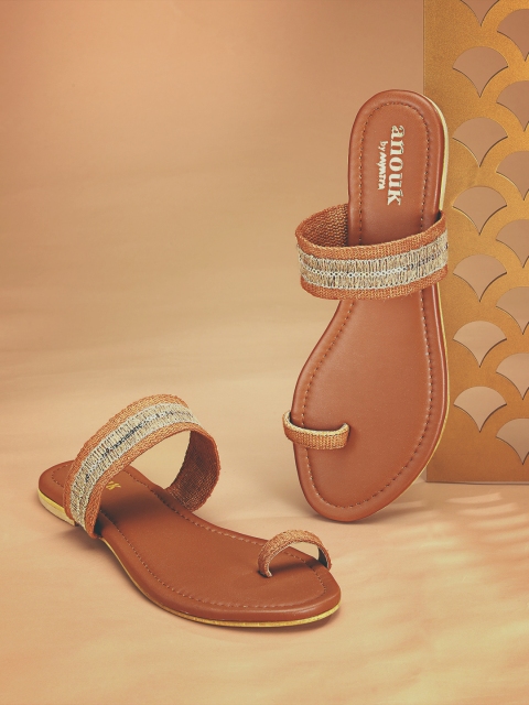 Women Tan Brown & Beige Woven Design One Toe Flats