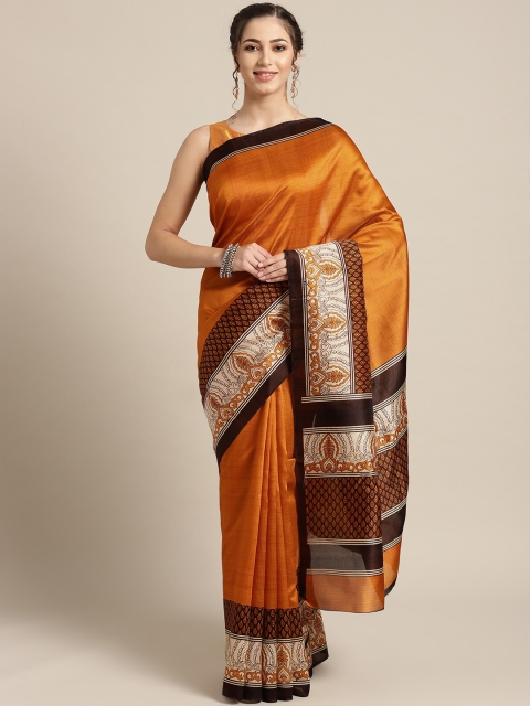 Saree mall Mustard Yellow & Brown Solid Saree