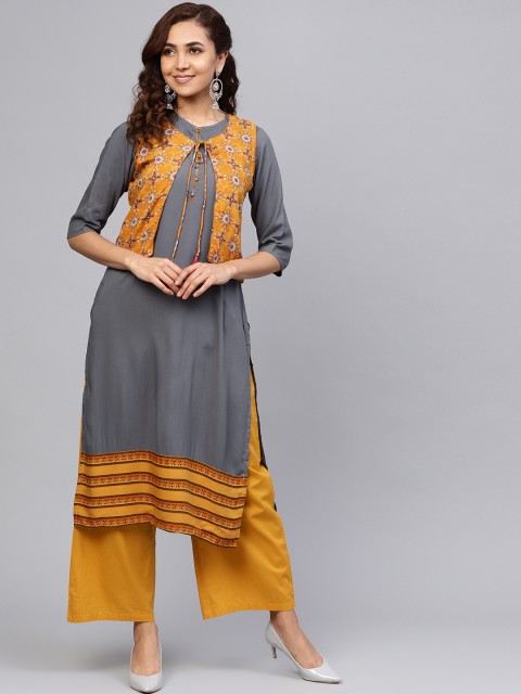 

Shree Women Charcoal Grey Solid Layered Straight Kurta