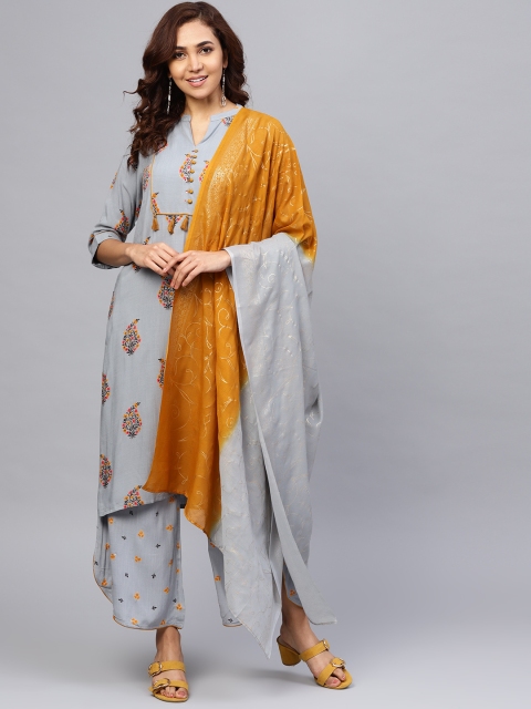 

Shree Women Grey & Mustard Yellow Printed Kurta with Palazzos & Dupatta