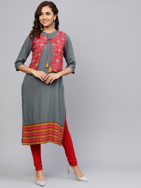 

Shree Women Charcoal Grey & Red Layered Solid Straight Kurta