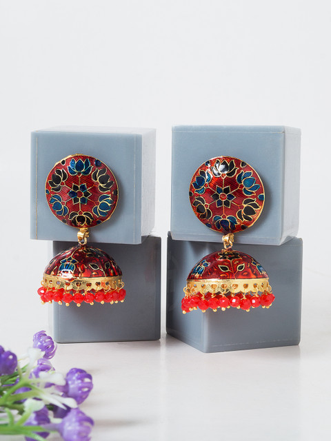 

Golden Peacock Red & Blue Dome Shaped Jhumkas