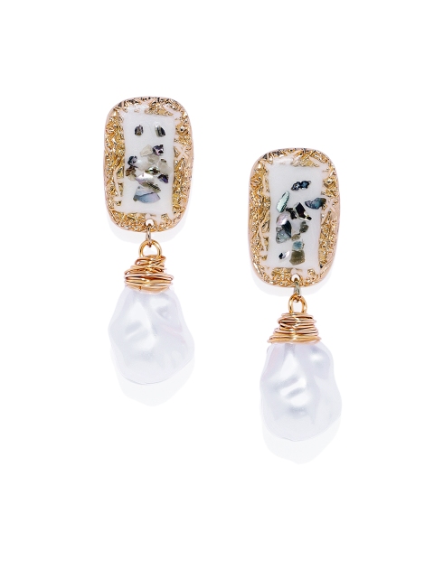 

Golden Peacock Gold-Toned & White Teardrop Shaped Drop Earrings