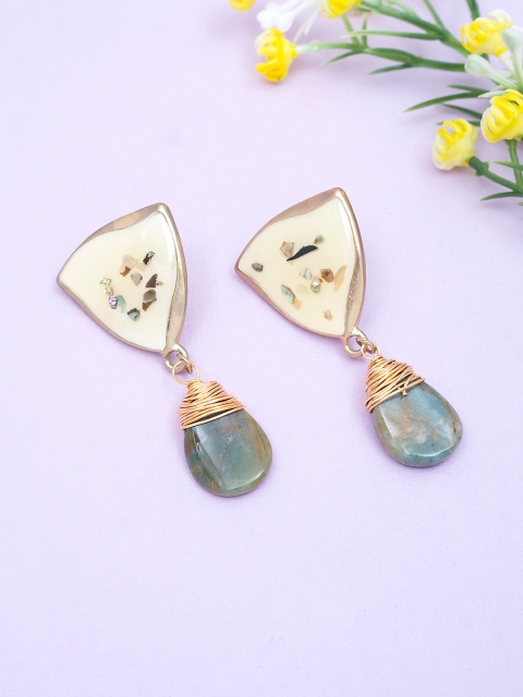 

Golden Peacock Gold-Plated & White Teardrop Shaped Drop Earrings