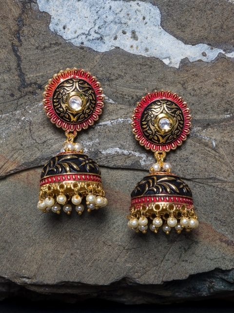 

Golden Peacock Red Gold-Plated Handcrafted Dome Shaped Jhumkas