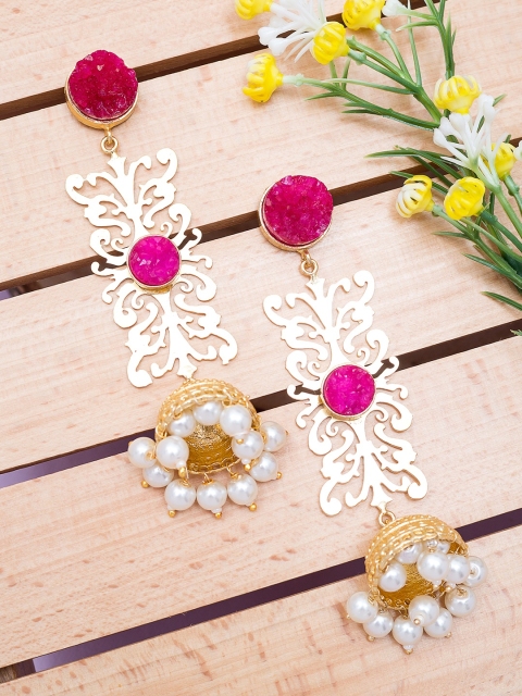 

Golden Peacock Gold-Toned & Red Contemporary Drop Earrings
