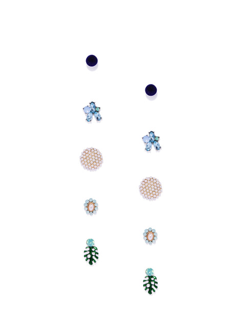 

Golden Peacock Set of 5 Gold-Toned & Multicoloured Floral Studs