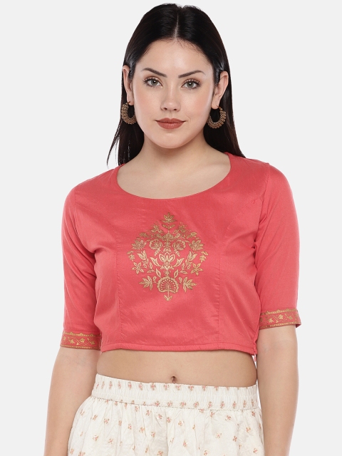 

Divina Women Coral Pink & Gold-Coloured Printed Crop Top