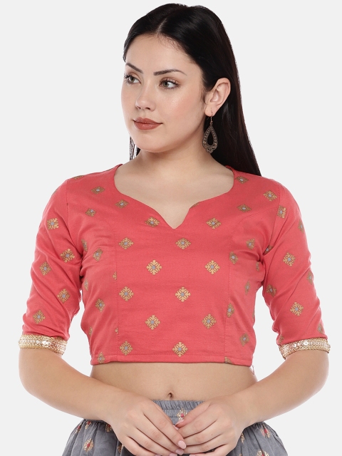 Divina Women Coral Pink & Gold-Coloured Printed Crop Top