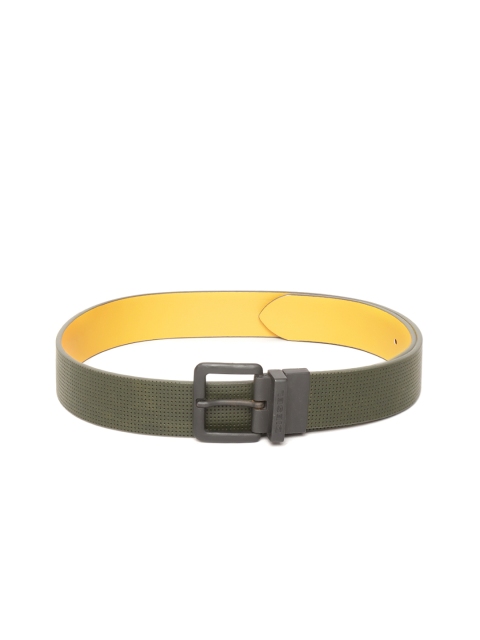 

DIESEL Men Olive Green & Yellow Leather Perforated Reversible Belt