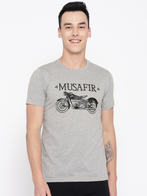 

PRINTOCTOPUS Men Grey Melange Printed Round Neck T-shirt
