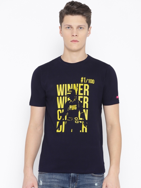 

PRINTOCTOPUS Men Navy Blue & Yellow Printed Round Neck T-shirt