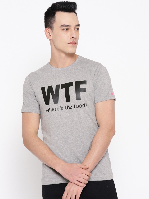 

PRINTOCTOPUS Men Grey Melange Printed Round Neck T-shirt