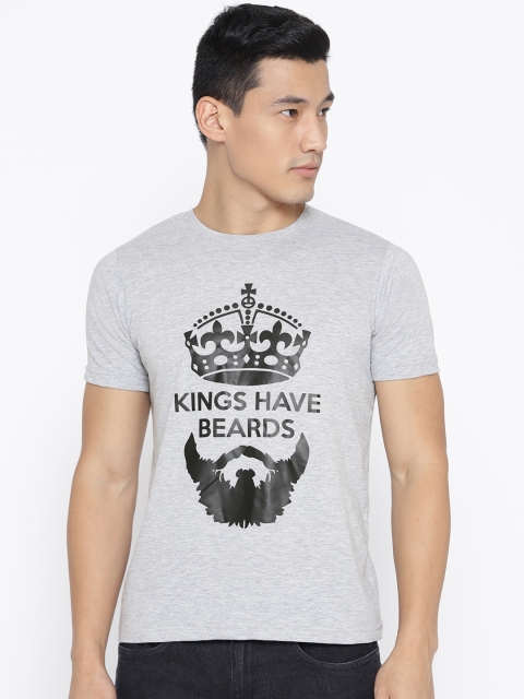 

PRINTOCTOPUS Men Grey Melange & Black Printed Round Neck T-shirt